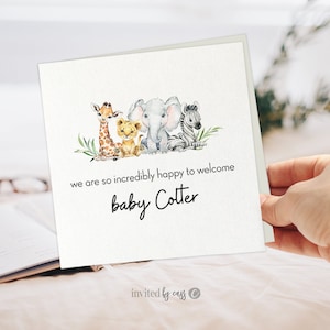 Gepersonaliseerde welkom nieuwe babykaart, jungle/safari babydieren babykaart, schattige baby dierenwenskaart, babyjongen, babymeisje