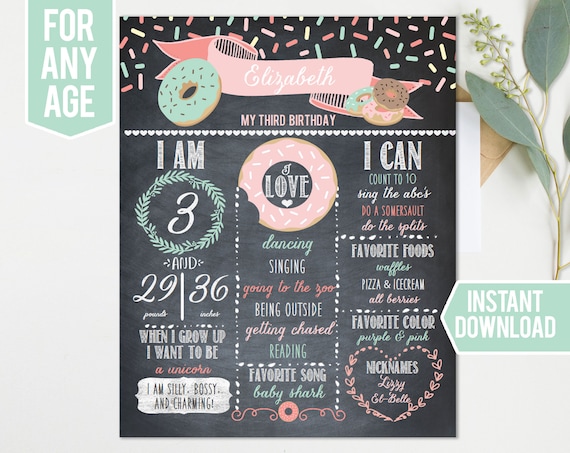 Download Donut Birthday Board Milestones Birthday Sign Pastel Donut Stats Birthday Poster Any Age First Incl Personal Printable Board Digital By Cassia Leigh Design Catch My Party