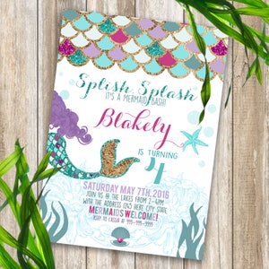 Mermaid Invitation, Mermaid Birthday Invite, Teal Purple Gold Sparkle, Under The Sea Invitation Mermaid Birthday Party, Pool Party image 2