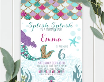 Mermaid Birthday Invitation - Purple teal & Gold Under The Sea - Mermaid Party - Pool Party - INSTANT DIGITAL download - Print today