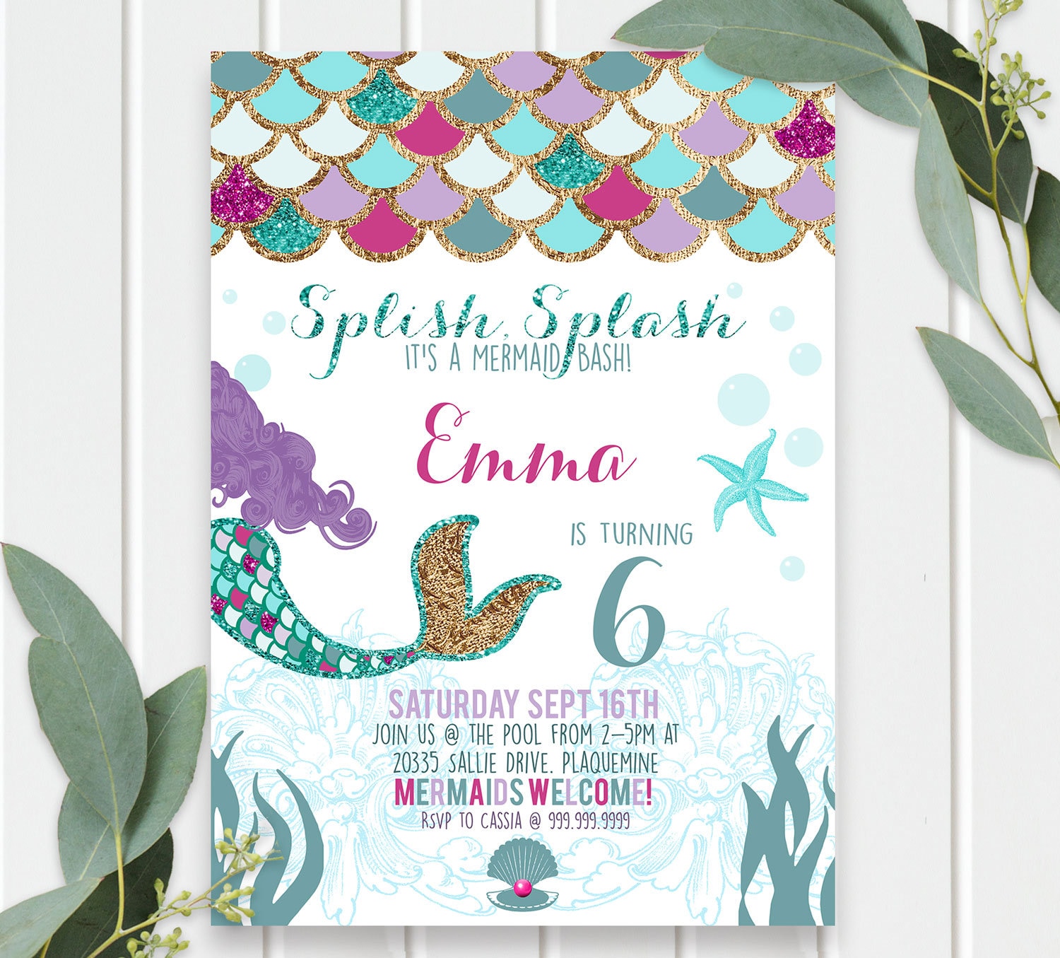 gold silver mermaid birthday invite mermaid Mermaid birthday invitation
