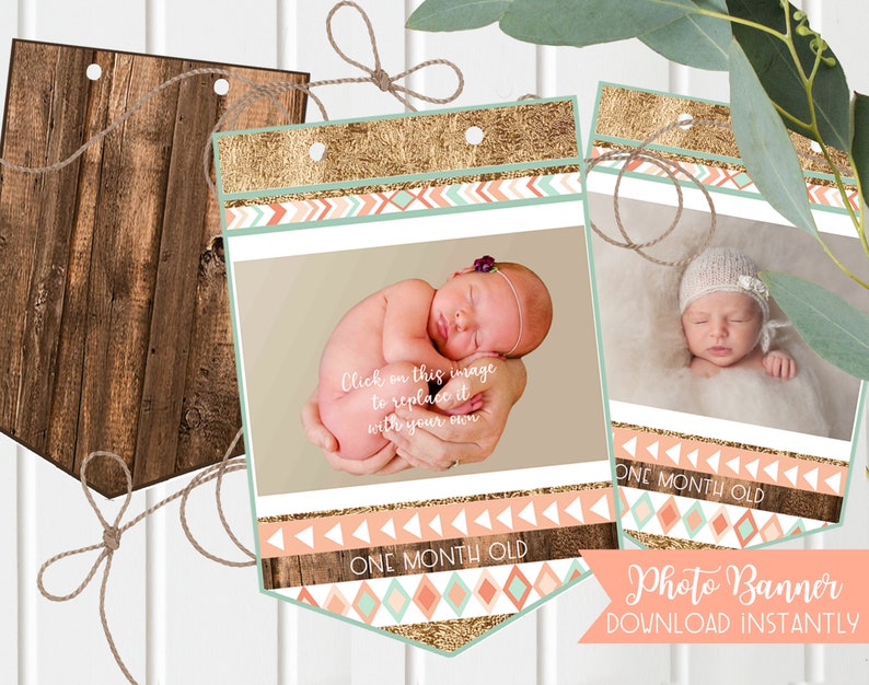First Birthday Photo Banner Girls 1st Coral and gold Wild One Birthday Instant Download imagen 1