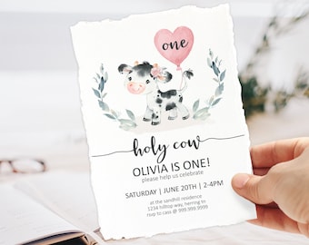 Holy Cow Girls Birthday Invitation, Pink Farm Birthday, Any Age + First Birthday, Editable Invite Printable , Cow Birthday Invite Template