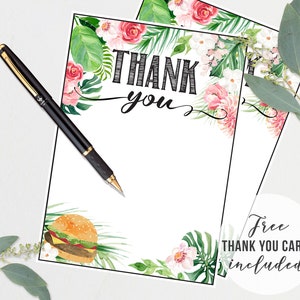 May include: Two blank thank you cards with a tropical floral design and the text "Thank you" in black script. The cards feature pink and white flowers, green leaves, and a burger illustration. The text "Free thank you cards included" is visible in the lower right corner.