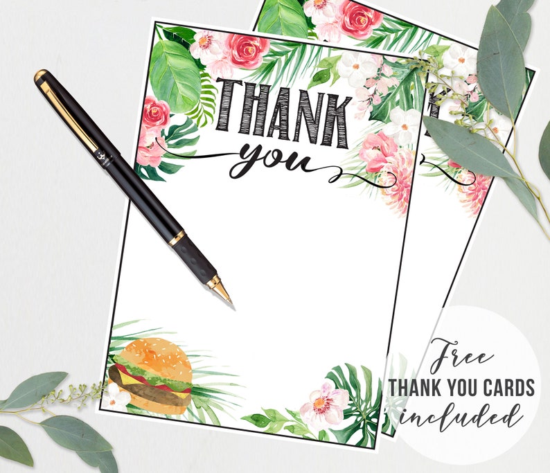 May include: Two blank thank you cards with a tropical floral design and the text "Thank you" in black script. The cards feature pink and white flowers, green leaves, and a burger illustration. The text "Free thank you cards included" is visible in the lower right corner.