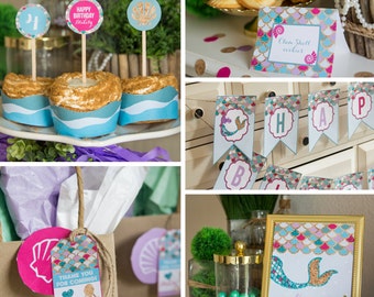 Purple Mermaid Birthday Decor, under the sea party, Mermaid Birthday Party, Personalize, Instant Download - girls birthday