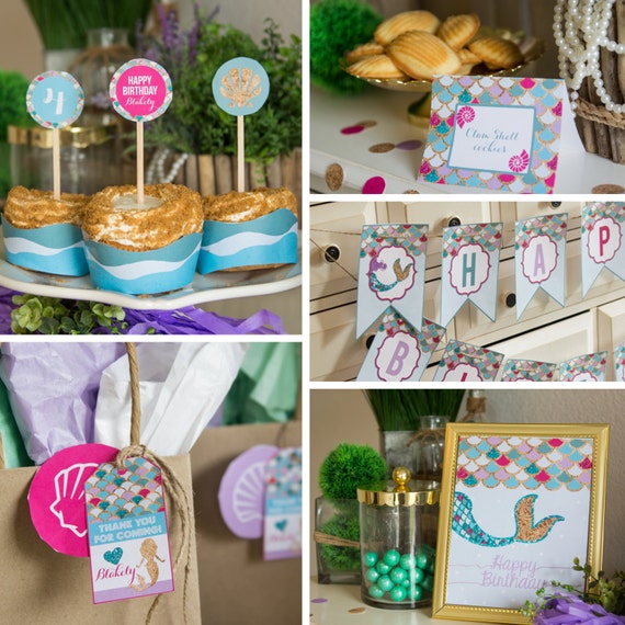 Purple Mermaid Birthday Decor, under the sea party, Mermaid Birthday Party, Personalize, Instant Download - girls birthday Il_570xn
