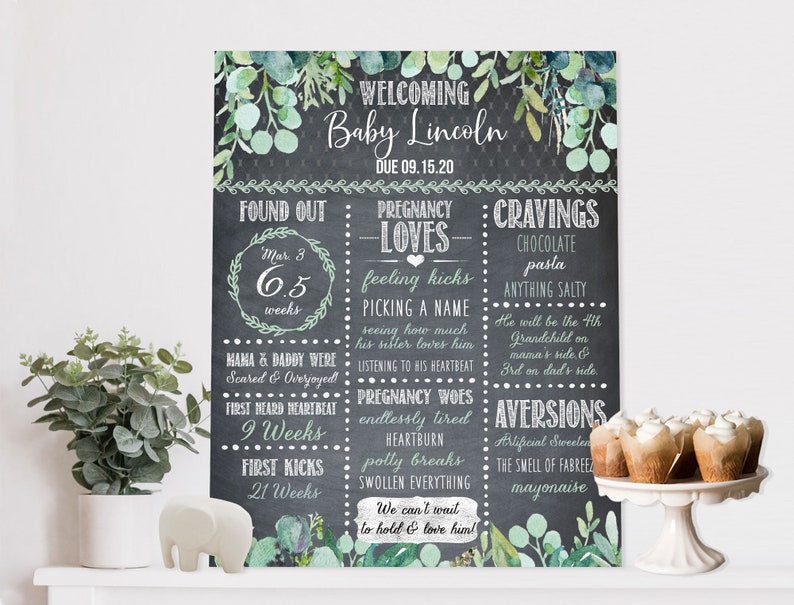 Baby Shower Board / Gender Neutral Pregnancy Stat Board / Eucalyptus Baby Shower Chalkboard / Nursery Decor / Baby Shower Welcome Sign FH72 image 2