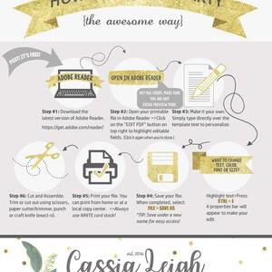 Op de afbeelding: Een gouden en witte afbeelding met instructies over het bewerken van een afdrukbare feesttemplate met behulp van Adobe Reader. De afbeelding bevat de tekst "How to Edit My Party {the awesome way}" en "Cassia Leigh DESIGN".