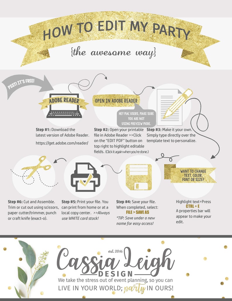 Op de afbeelding: Een gouden en witte afbeelding met instructies over het bewerken van een afdrukbare feesttemplate met behulp van Adobe Reader. De afbeelding bevat de tekst "How to Edit My Party {the awesome way}" en "Cassia Leigh DESIGN".