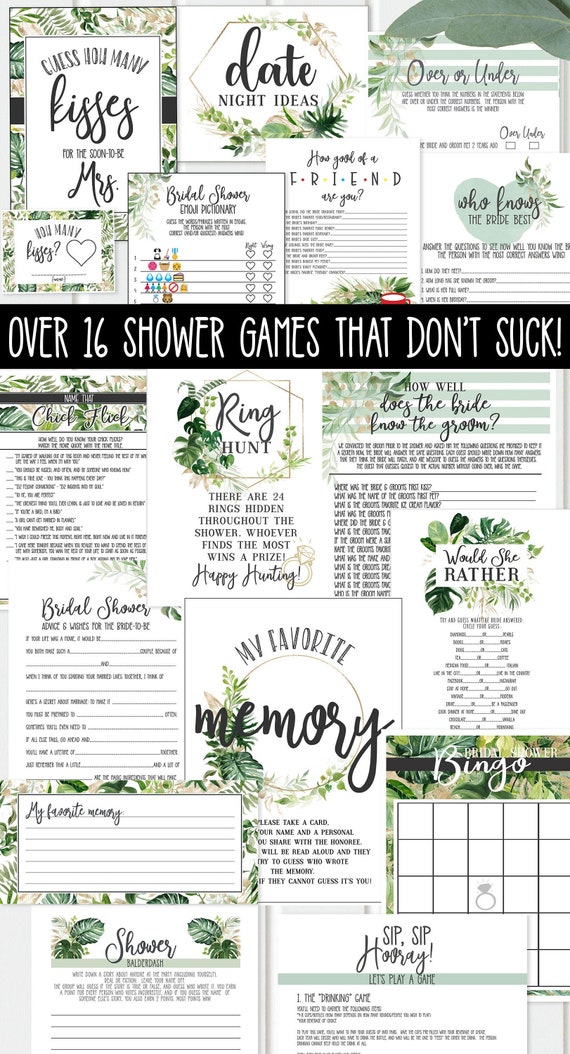 Bridal Shower Games, Bundle & Save 65 Dollars Value, Green Palm Leaves, Bridal Shower Games set, Wedding Shower, Bridal Shower Games PL19 Il_570xn