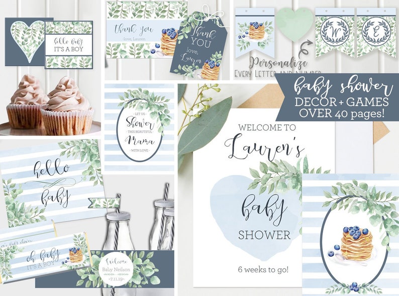 Bundle Baby Boy Shower Decor Shower Games, Printable Blue Greenery Pancakes Baby Brunch, Editable Watercolor, Instant Download DB19 image 1