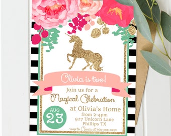 Unicorn Birthday Party Invitations - Pink & Glitter floral - Unicorn Birthday - Instant Download