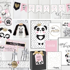 Panda Birthday Invitations and Decorations Black White and Pink with Gold Panda Princess Girls Birthday Full Collection Digital image 4