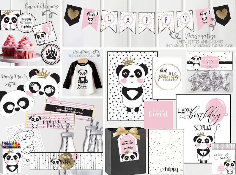 Panda Birthday Invitations and Decorations Black White and Pink with Gold Panda Princess Girls Birthday Full Collection Digital image 4