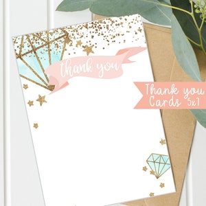 Kid's thank you card notes, gems and glitter, Blank Thank You Cards, Children's Thank You Card, Thank You Note, printable instant download image 1