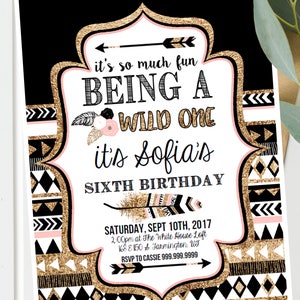 Tribal Wild one Birthday Invites and Decor Printable ANY AGE Pink Black Gold First Second Third Wild One Birthday Instant Download image 2