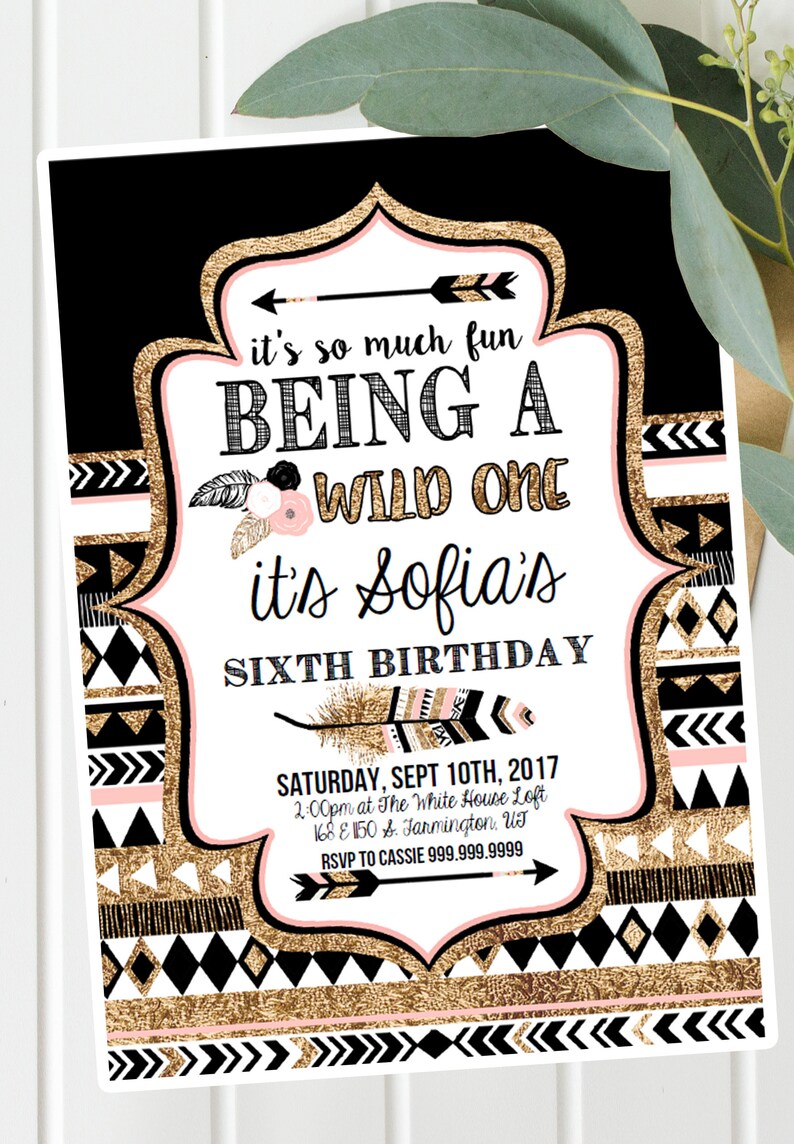 Tribal Wild one Birthday Invites and Decor Printable ANY AGE Pink Black Gold First Second Third Wild One Birthday Instant Download image 2