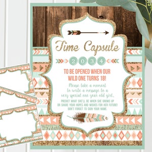 Wild One Time Capsule - koraalgoud en blauwgroen (ook roze optie) - Tribal Wild One Birthday - Met kaarten die gasten kunnen invullen