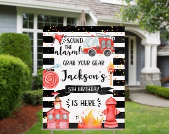 Firefighter Birthday Welcome Sign, Fireman Poster, Fire Flames Big Sign, Firetruck Decor, Fireman Party, Instant Download, Boys birthday