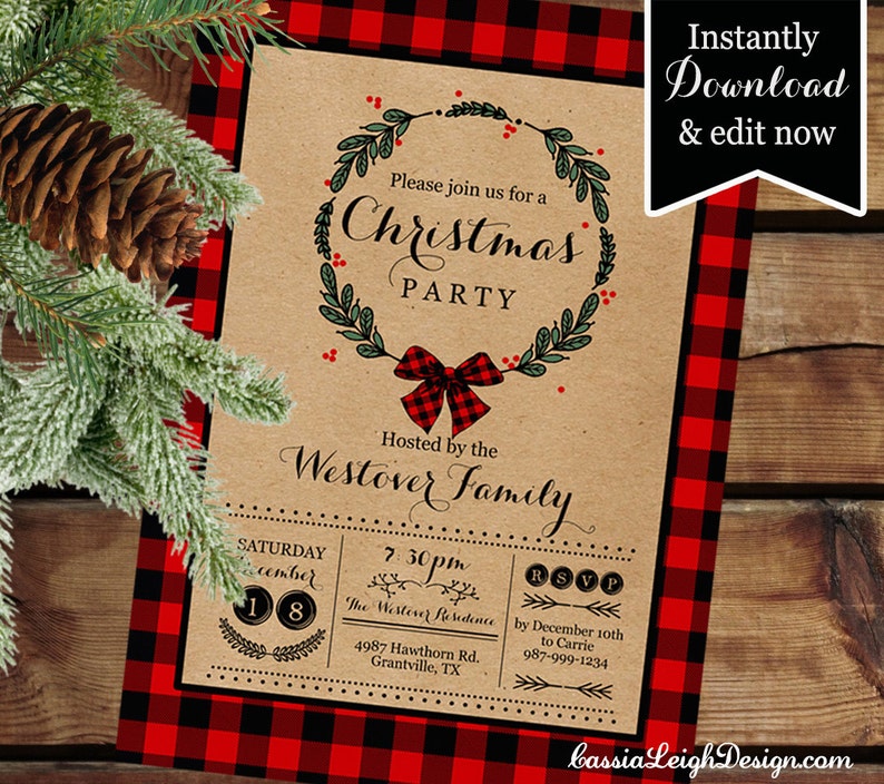 Printable Christmas Party Invitations Buffalo Plaid and Parchment Paper Christmas Invitations Wreath Instant Download image 1