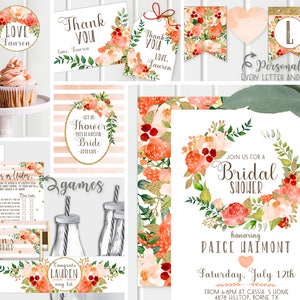 Gold Bridal Shower Invitations - Decor + Games - Peach and Gold, Bridal Wedding Shower Invites, FULL collection Floral