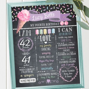 Ice Cream Birthday Chalkboard Sign - Custom - Printable - Pastels - Girls Birthday Sign - Ice Cream Party - Memory Keepsake - Digital File