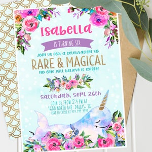 Magical Narwhal Unicorn under the Sea Invitations- Purple Floral Gold - Printable - Magical Narwhal Unicorn Girls Birthday Party - Digital