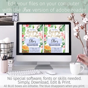 May include: Editable digital invitation for a birthday party with a tropical theme. The invitation features a watercolor illustration of a burger, flowers, and palm leaves. The text reads "Join us for Burgers in Paradise Ellie's Birthday Party Saturday Aug 17th from 5-8pm The Backdoor Paradise 123 Valley Drive, Diamond, TX Come hungry! Dress Tropical!"