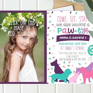 Girls Dog Birthday Party Invitation, Photo invites, Puppy Let&#39;s Paw-ty 1st Birthday Invite, Come Sit Stay, Doggy Invitations, 2nd, 3rd, 4th