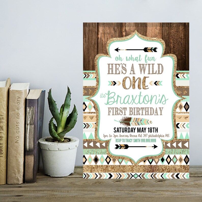 Wild One Birthday Invitation with Decor brown mint teal and gold Tribal First Birthday Party BOY Printable Invite and Decor image 4