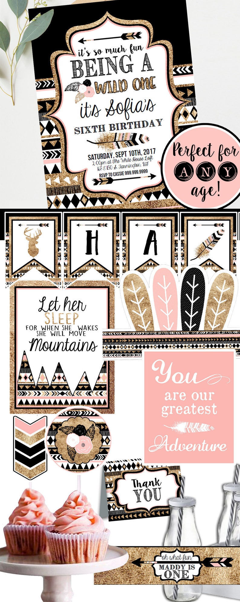Tribal Wild one Birthday Invites and Decor Printable ANY AGE Pink Black Gold First Second Third Wild One Birthday Instant Download image 7
