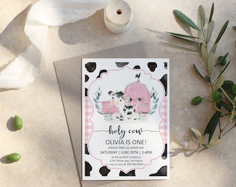 Pink gingham Farm Birthday, Holy Cow I'm one Girls Birthday Invitation, Any Age + First Birthday, Printable, Cow Birthday Invite Template