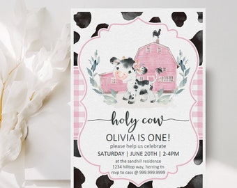 Holy Cow I&#39;m one Girls Birthday Invitation, pink gingham Farm Birthday, Any Age + First Birthday, Printable, Cow Birthday Invite Template