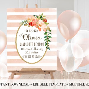 Girl Birth Announcement Poster - Birth Stats - Template - Nursery Decor - Blush Coral Gold - Nursery Art - New Baby Gift - Personalized