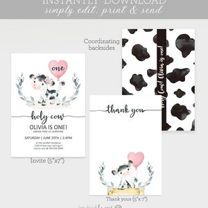 Holy Cow Girls Birthday Invitation, Pink Farm Birthday, Any Age First Birthday, Editable Invite Printable , Cow Birthday Invite Template image 3