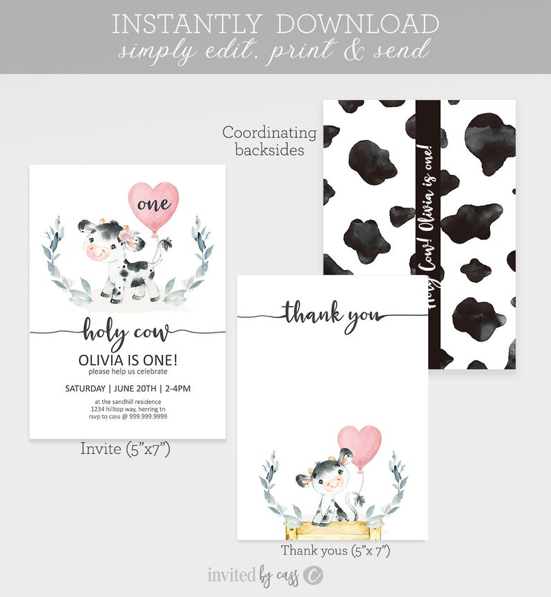 Holy Cow Girls Birthday Invitation, Pink Farm Birthday, Any Age First Birthday, Editable Invite Printable , Cow Birthday Invite Template image 3