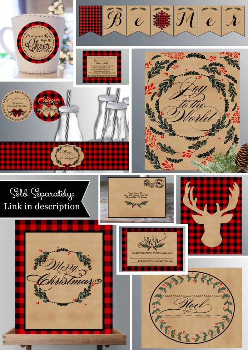 Printable Christmas Party Invitations Buffalo Plaid and Parchment Paper Christmas Invitations Wreath Instant Download image 3