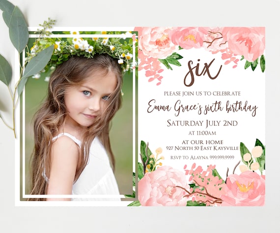 Photo birthday Invitation, pink water color Flowers Invitation, girls Birthday Invitation, Digital Printable Il_570xn