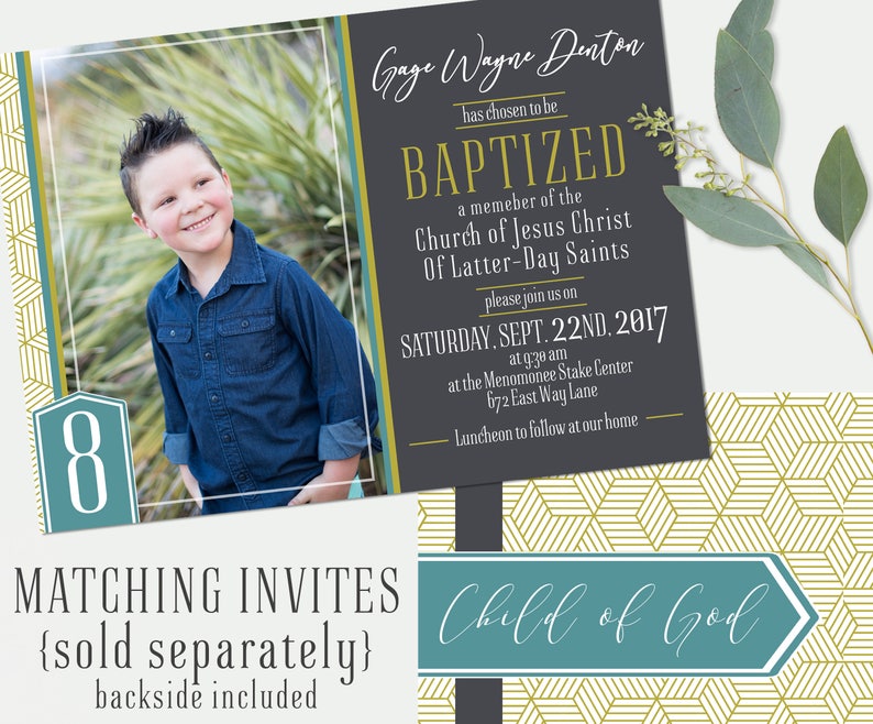 Boys Baptism Program Photo Gray teal green Printable Folded Baptism Program Great to be 8 Mormon Baptism Program INSTANT DOWNLOAD image 3