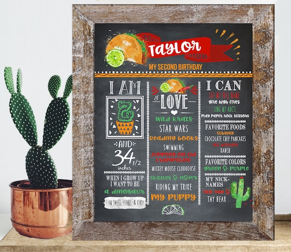 Taco Twosday ("Two"sday 2 ) Birthday Sign - Chalkboard Orange and Green Cactus - Second Birthday - Custom Printable Instant Download Il_570xn
