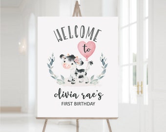 Holy Cow I'm One, EDITABLE Welcome Sign, Pink Farm Cowgirl Birthday Welcome, Girl Farm Birthday Welcome Sign, Customizable PDF DIY File