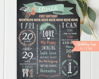 Personalized First 1st Birthday Chalkboard Sign - Wild One girl -  Printable - first birthday chalkboard sign - Tribal theme pink coral