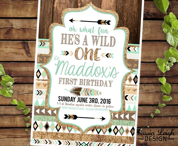 Tribal Birthday Printable Invitations - brown mint teal and gold - Tribal Party- Printable Digital Files Il_570xn