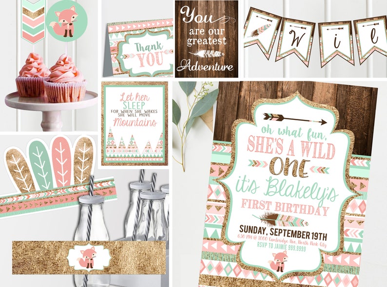 Wild ONE Pink First Birthday Invitation Printable Invites and Decor Tribal First Birthday Wild One Birthday Kit Instant Download image 1