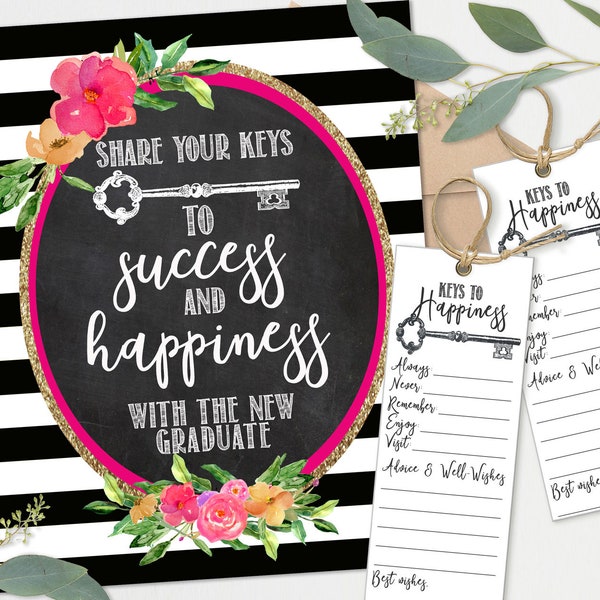 Graduation Advice and Wishes -Kate Spade Inspired - Instant Download Printable - Keys to success and happiness Sign and Cards - Print
