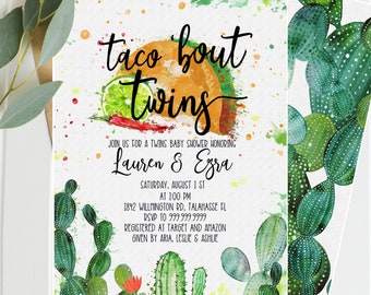 Twins Baby Shower Invitation - Cactus, Taco Bout Twin Baby Shower, Southwestern Shower, Taco Tuesday Unisex, Twin Fiesta  INSTANT TF117