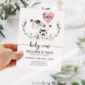 Holy Cow Girls Birthday Invitation, Pink Farm Birthday, Any Age First Birthday, Editable Invite Printable , Cow Birthday Invite Template image 10