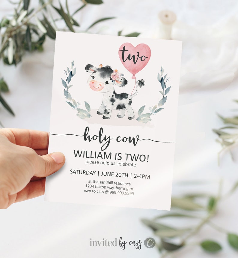 Holy Cow Girls Birthday Invitation, Pink Farm Birthday, Any Age First Birthday, Editable Invite Printable , Cow Birthday Invite Template image 10