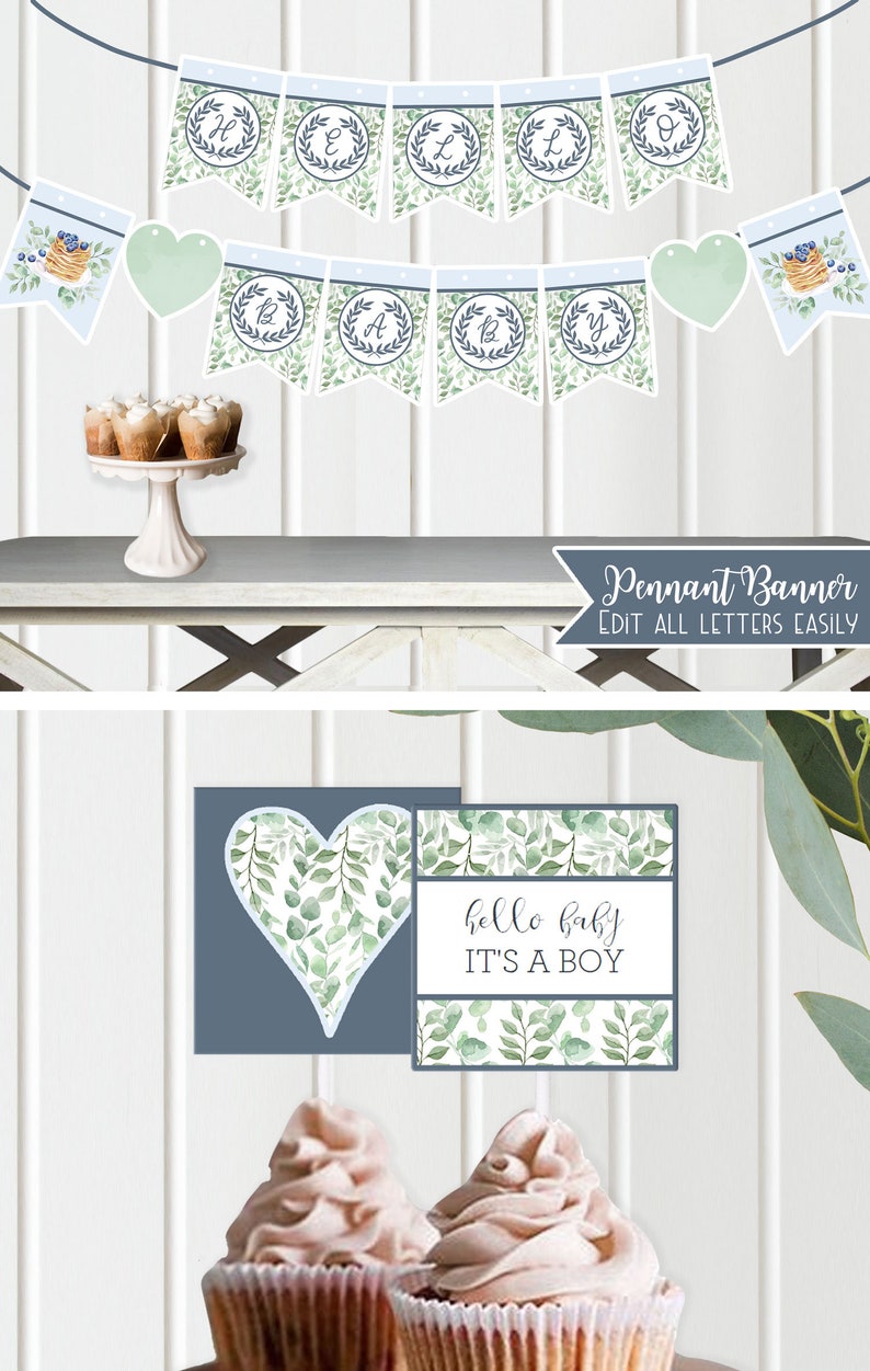 Bundle Baby Boy Shower Decor Shower Games, Printable Blue Greenery Pancakes Baby Brunch, Editable Watercolor, Instant Download DB19 image 5